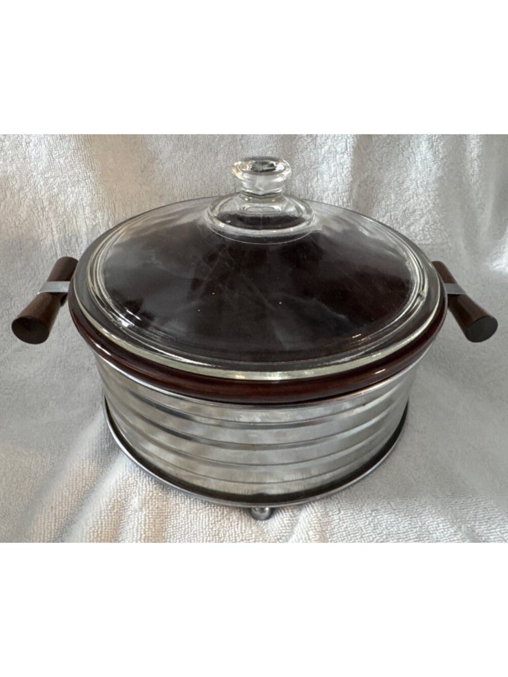 MCM Glass & Metal Casserole Dish With Lid And Wood Handles Rare Pyrex
